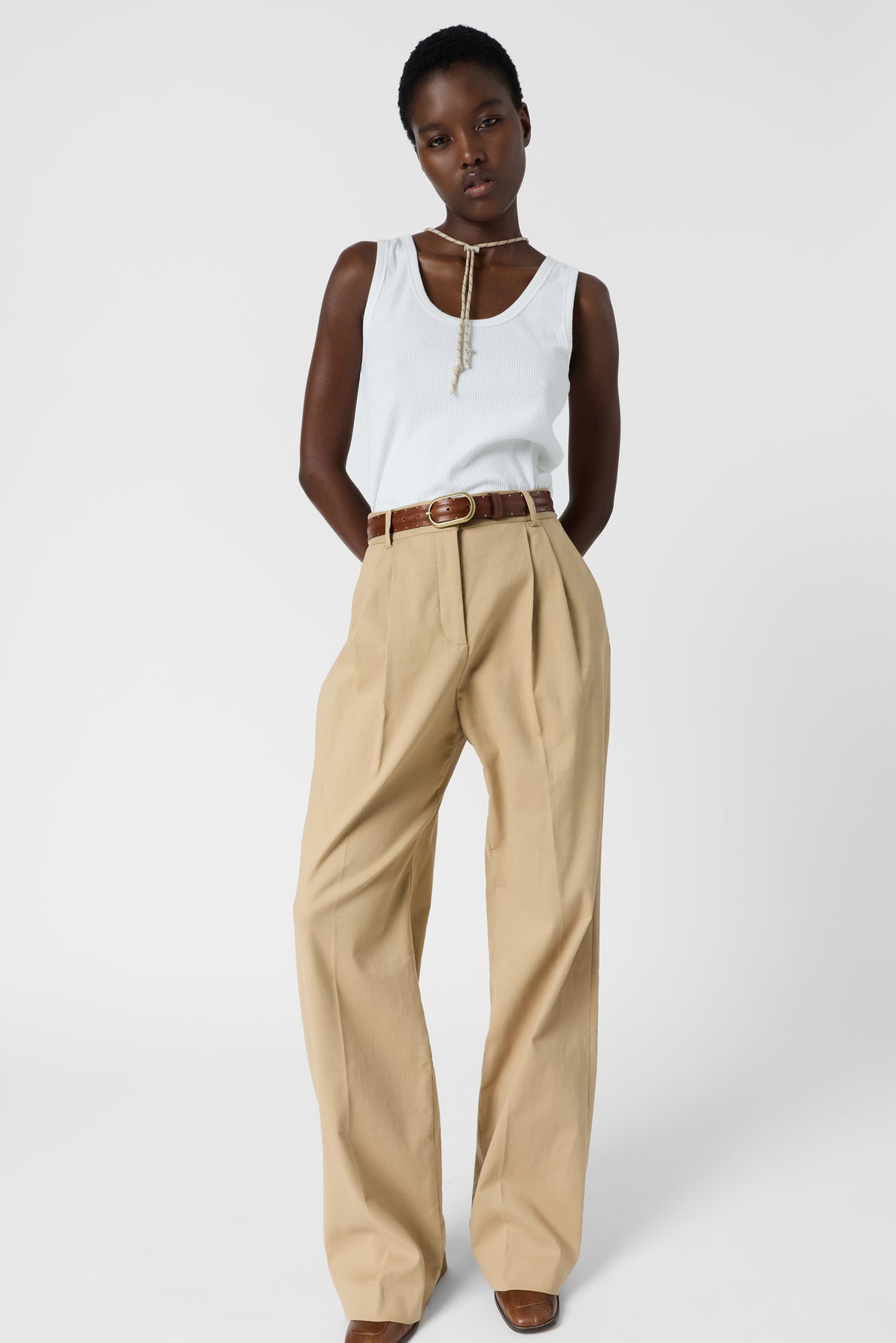 Women’s Pleated Wide-Leg Trousers 100 Percent Cotton - Camel