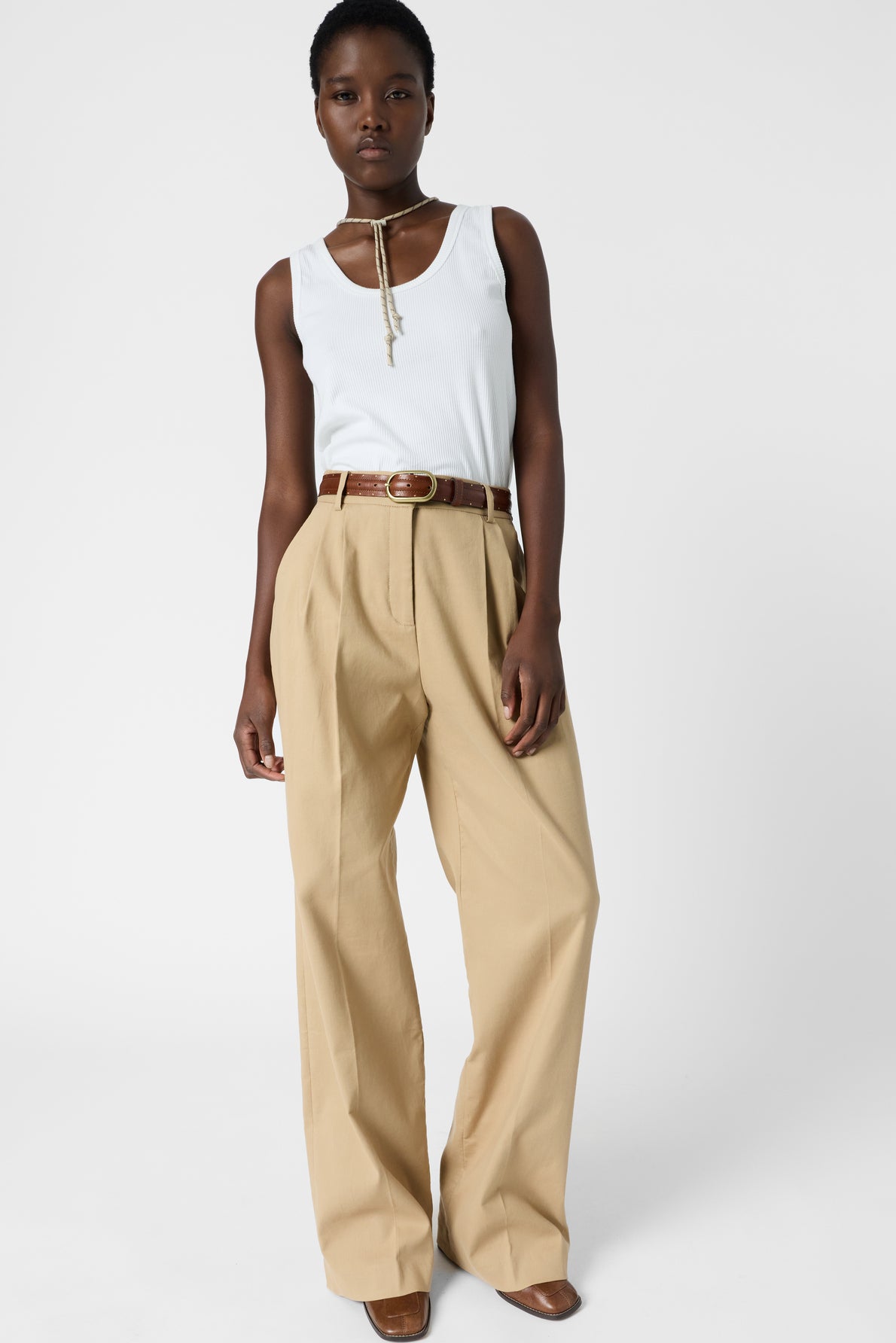 Women’s Pleated Wide-Leg Trousers 100 Percent Cotton - Camel