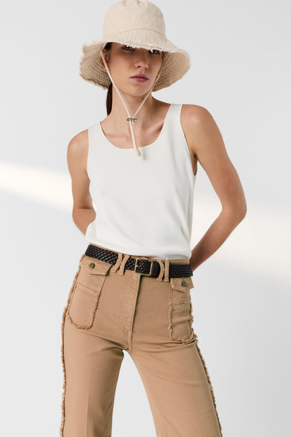 Womens High-Waisted Flared Jeans 100 Percent Cotton - Camel Nude