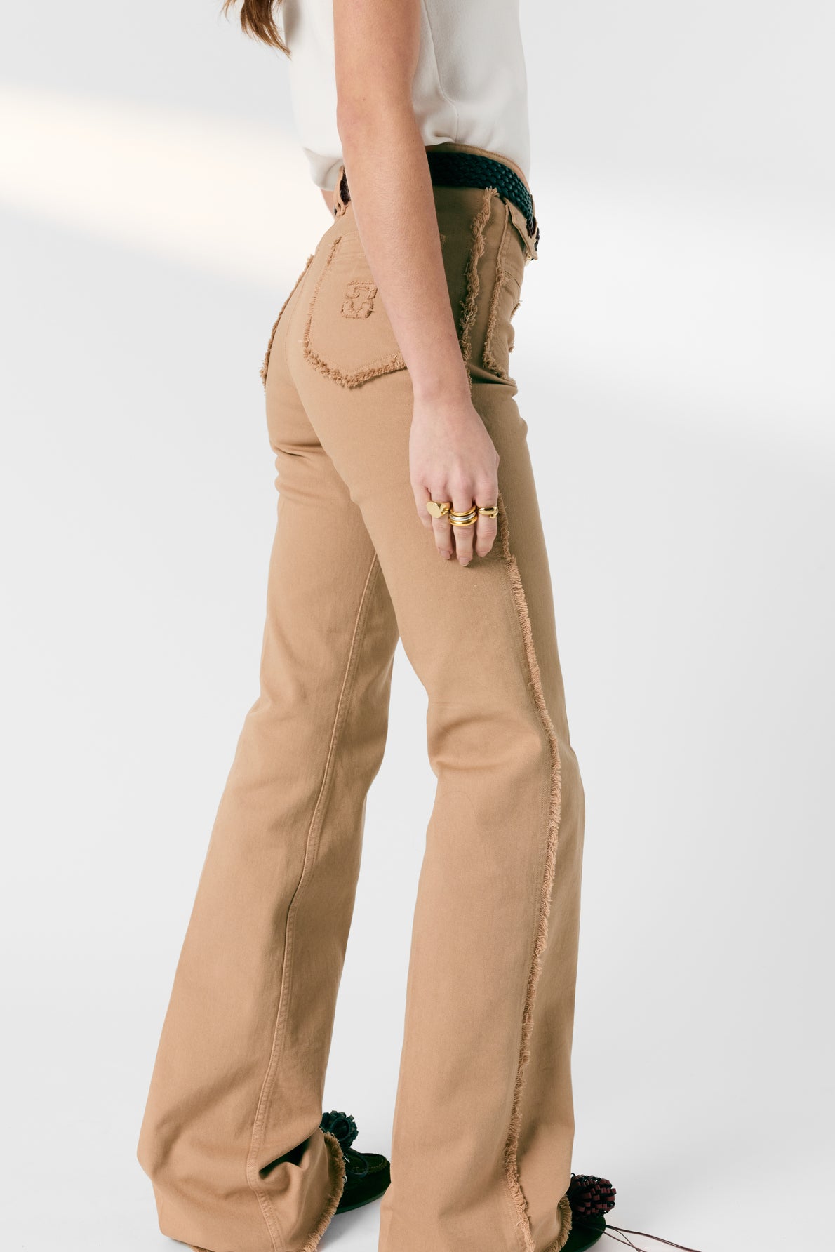 Womens High-Waisted Flared Jeans 100 Percent Cotton - Camel Nude