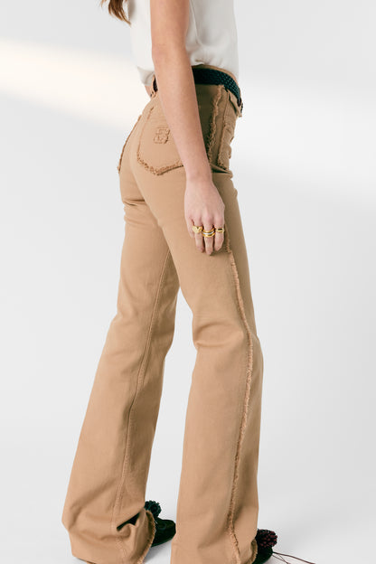 Womens High-Waisted Flared Jeans 100 Percent Cotton - Camel Nude