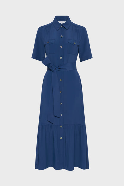 Women's Shirtdress With Belt And Flounce Silk - Indigo Ink