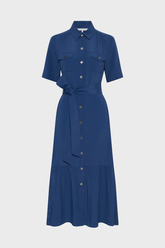 Women's Shirtdress With Belt And Flounce Silk - Indigo Ink