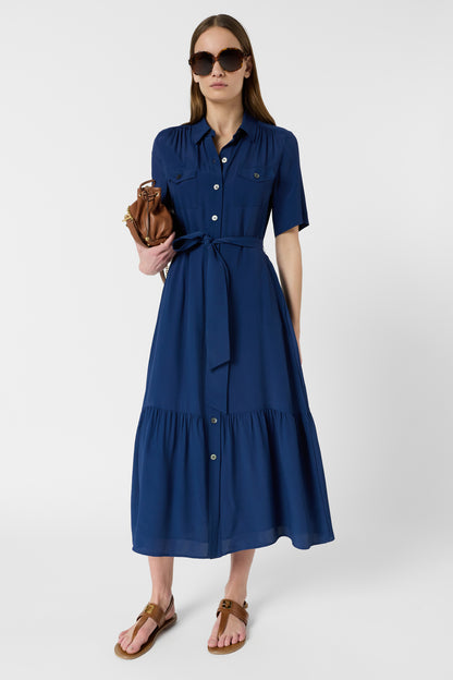 Women's Shirtdress With Belt And Flounce Silk - Indigo Ink