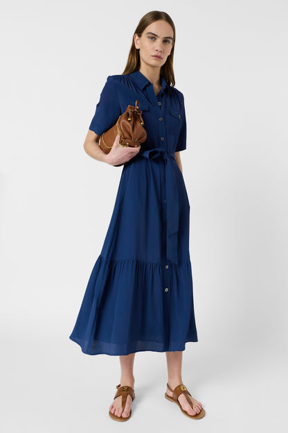 Women's Shirtdress With Belt And Flounce Silk - Indigo Ink