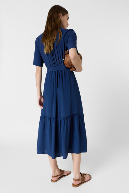 Women's Shirtdress With Belt And Flounce Silk - Indigo Ink