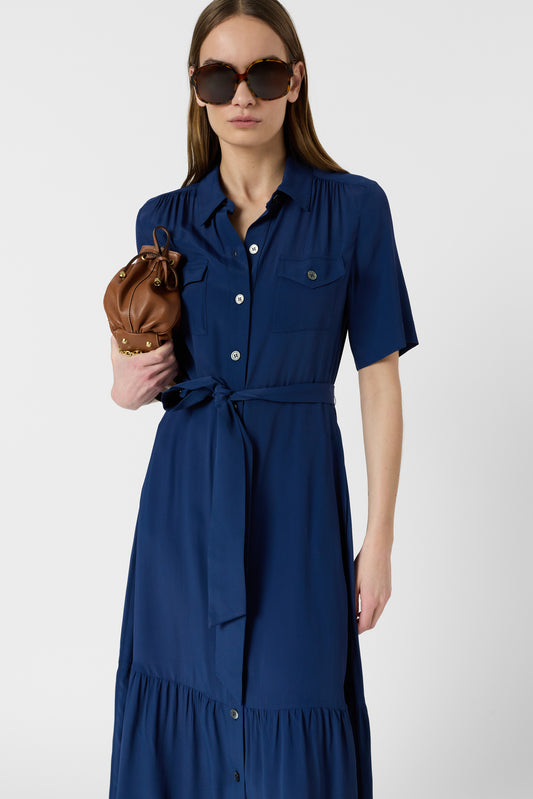 Women's Shirtdress With Belt And Flounce Silk - Indigo Ink