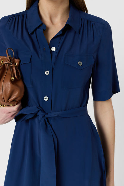 Women's Shirtdress With Belt And Flounce Silk - Indigo Ink