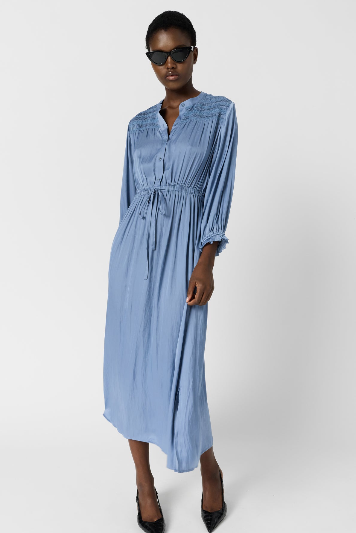 Women's Dress With Embroidered Smocks Satin - Sky Blue Bluesky
