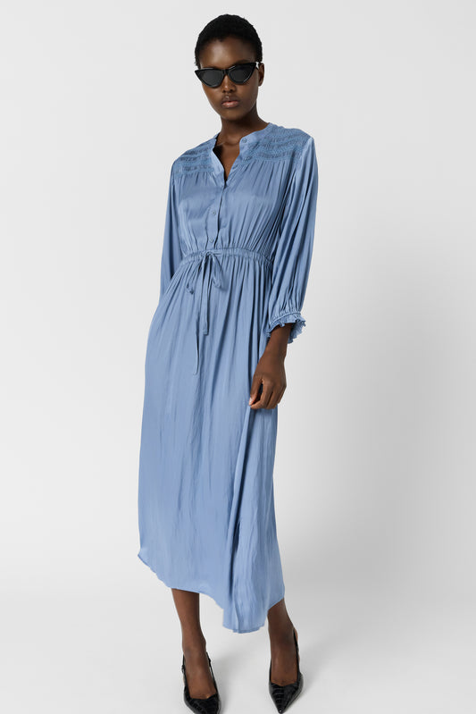 Women's Dress With Embroidered Smocks Satin - Sky Blue Bluesky