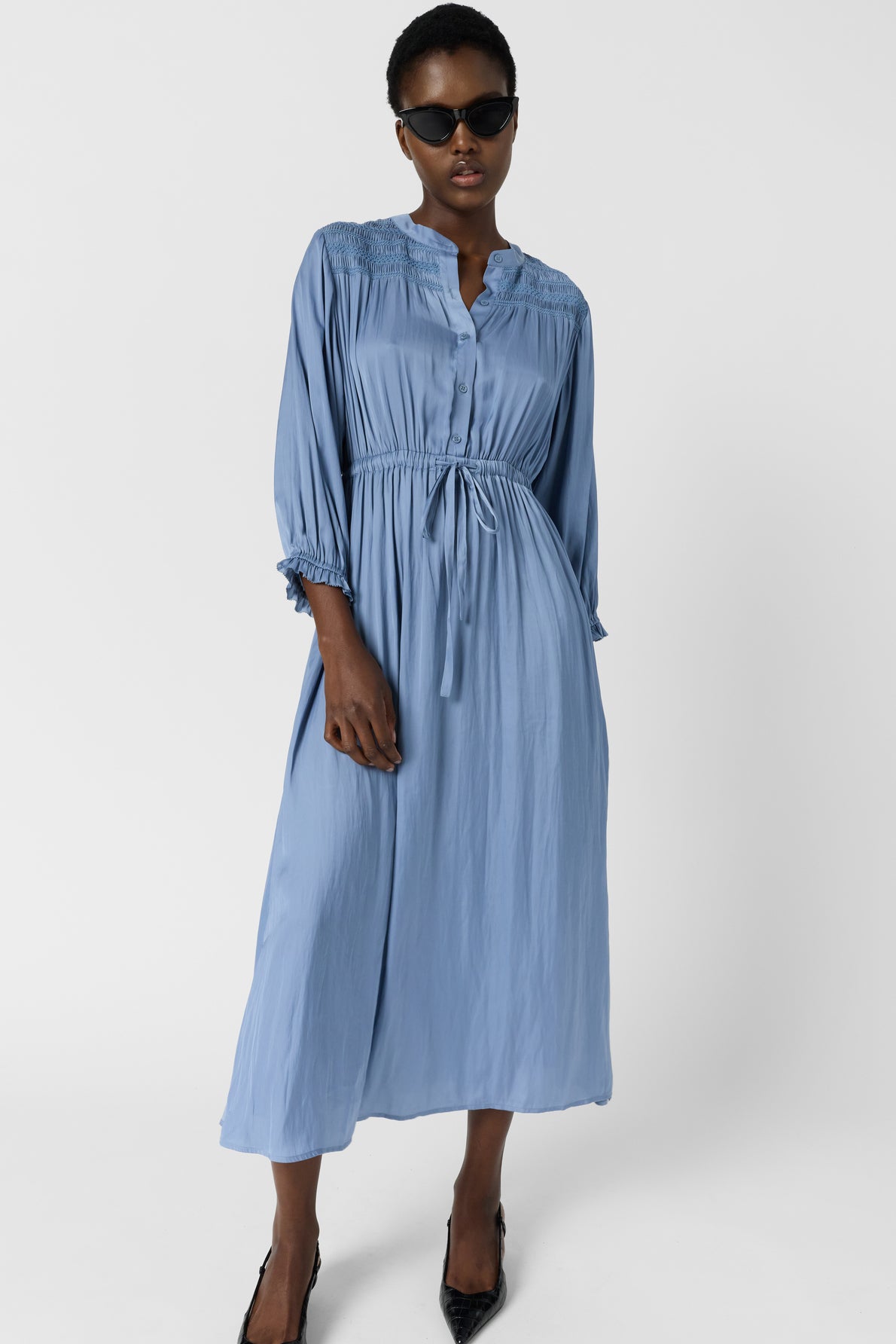 Women's Dress With Embroidered Smocks Satin - Sky Blue Bluesky
