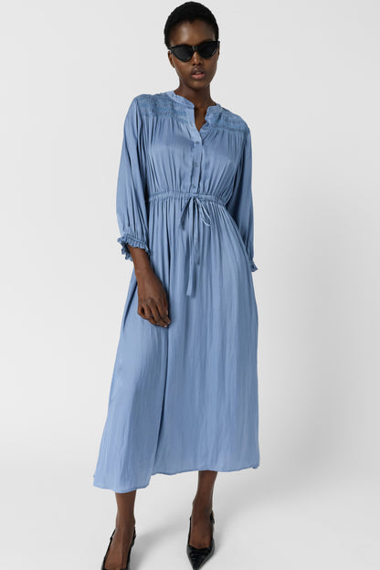 Women's Dress With Embroidered Smocks Satin - Sky Blue Bluesky