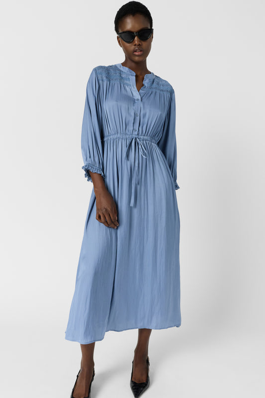Women's Dress With Embroidered Smocks Satin - Sky Blue Bluesky
