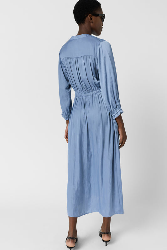 Women's Dress With Embroidered Smocks Satin - Sky Blue Bluesky