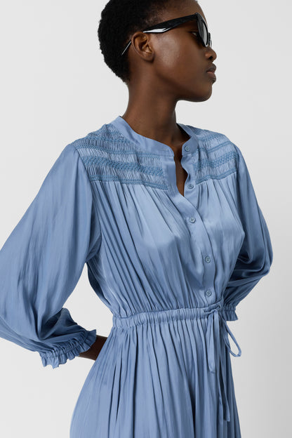 Women's Dress With Embroidered Smocks Satin - Sky Blue Bluesky