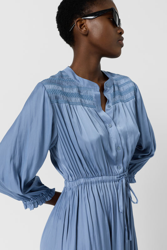 Women's Dress With Embroidered Smocks Satin - Sky Blue Bluesky