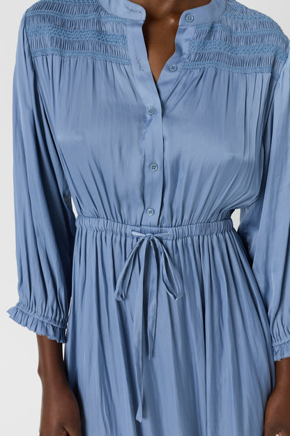 Women's Dress With Embroidered Smocks Satin - Sky Blue Bluesky