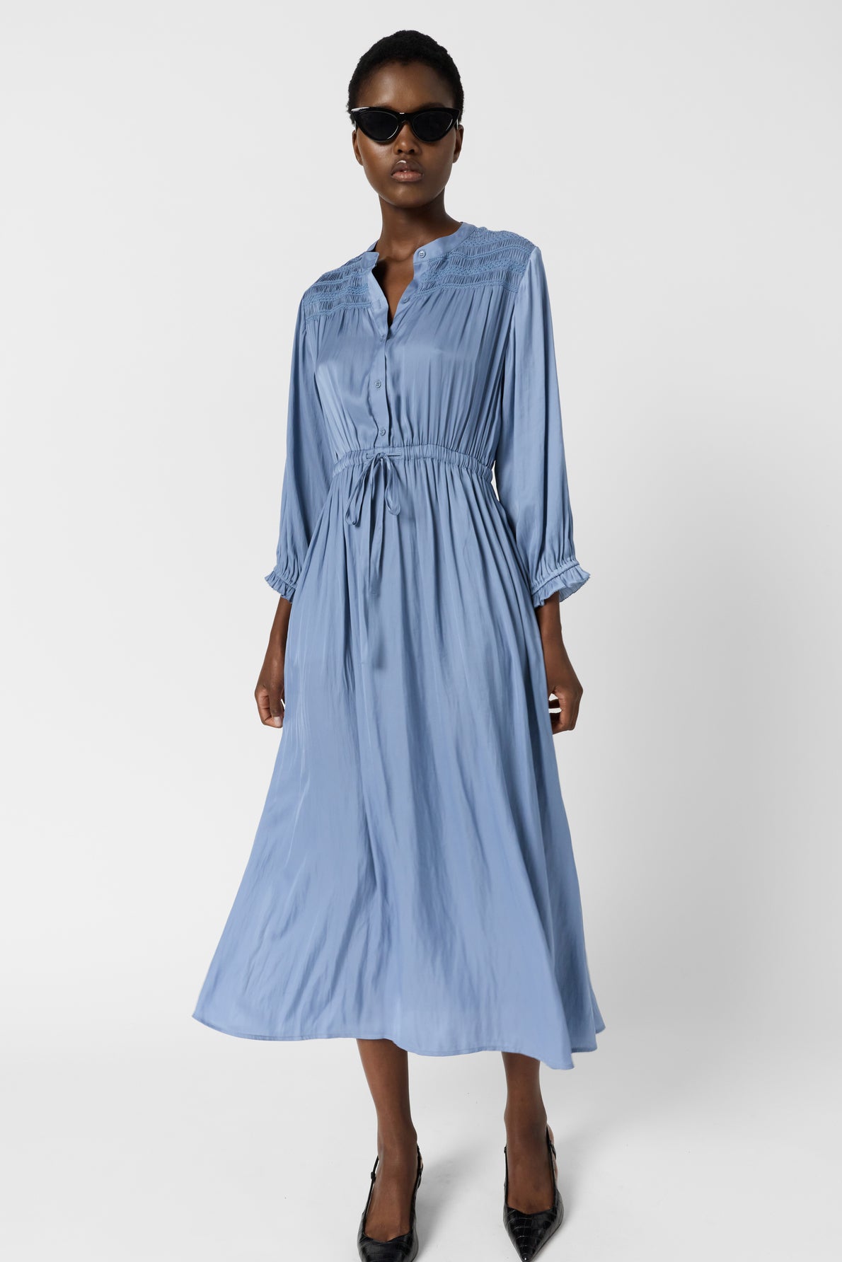 Women's Dress With Embroidered Smocks Satin - Sky Blue Bluesky