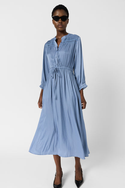 Women's Dress With Embroidered Smocks Satin - Sky Blue Bluesky