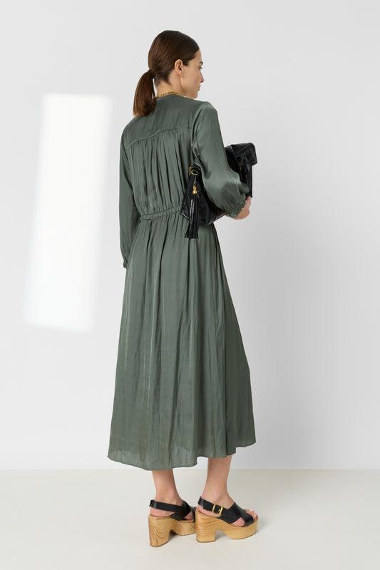 Women's Dress Embroidered Waist-Defined A-Line Satin - Sky Blue Khaki-Green