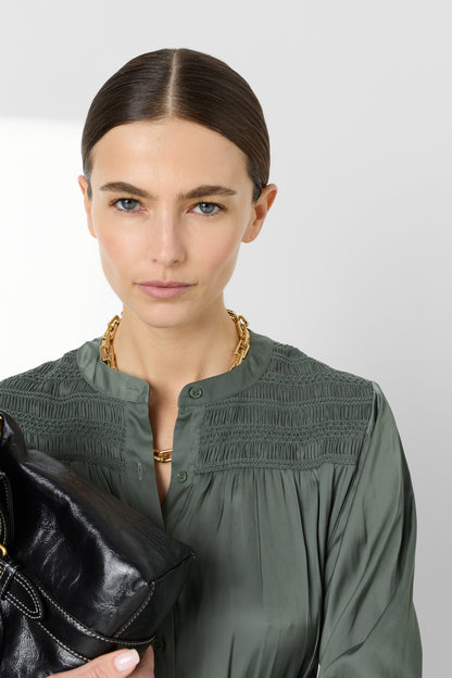 Women's Dress Embroidered Waist-Defined A-Line Satin - Sky Blue Khaki-Green