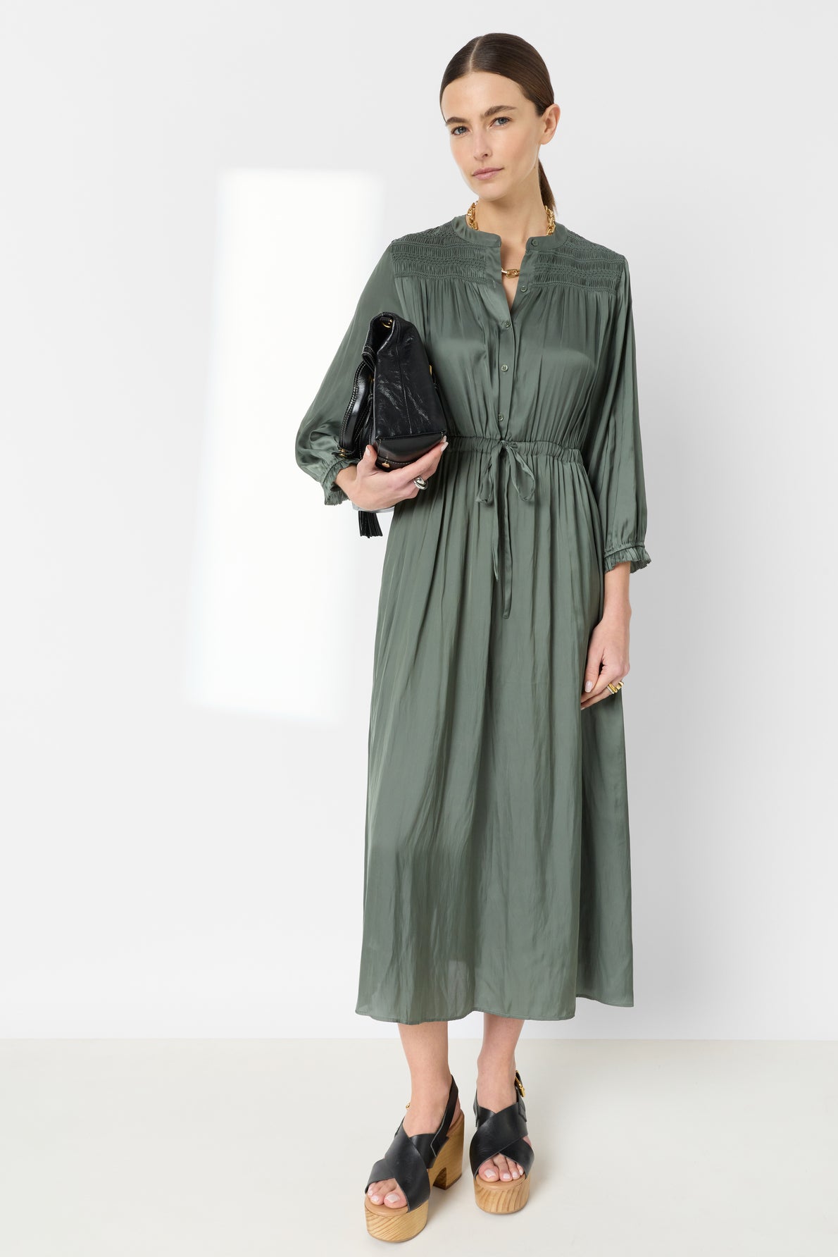 Women's Dress Embroidered Waist-Defined A-Line Satin - Sky Blue Khaki-Green