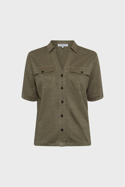 Women's Buttoned Polo Shirt 100% Linen - Light Beige Green