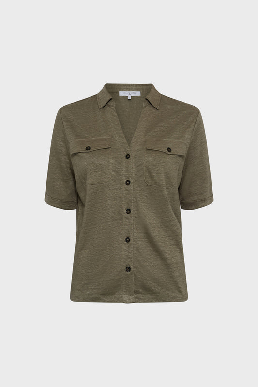 Women's Buttoned Polo Shirt 100% Linen - Light Beige Green