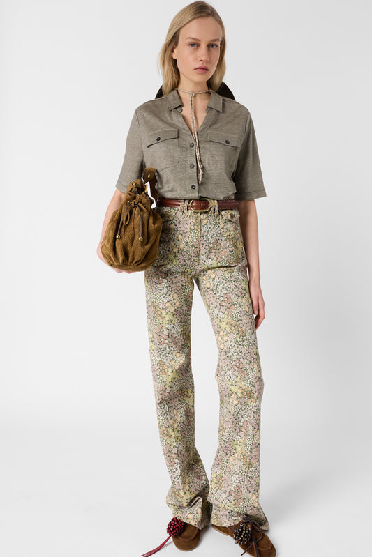 Women's Buttoned Polo Shirt 100% Linen - Light Beige Green