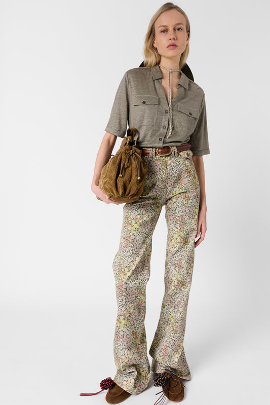 Women's Buttoned Polo Shirt 100% Linen - Light Beige Green