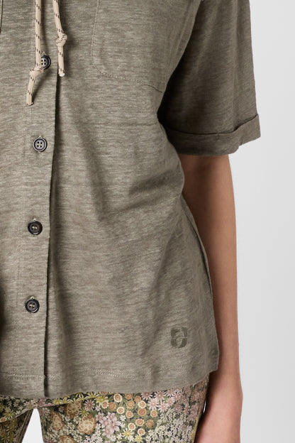 Women's Buttoned Polo Shirt 100% Linen - Light Beige Green