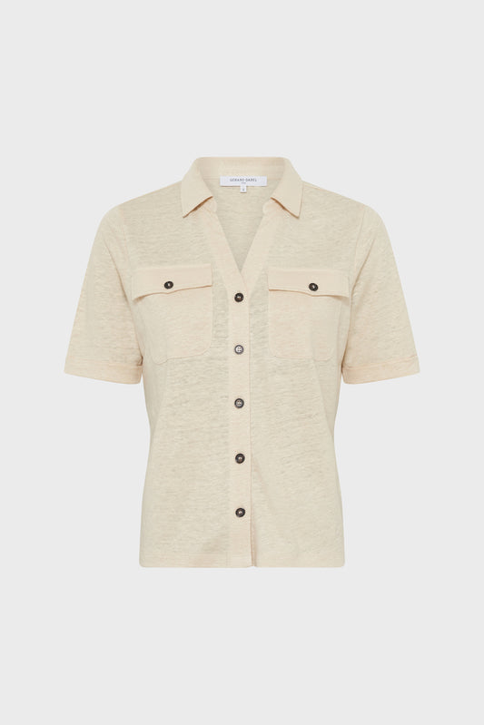 Women's Buttoned Polo Shirt 100% Linen - Light Beige Natural