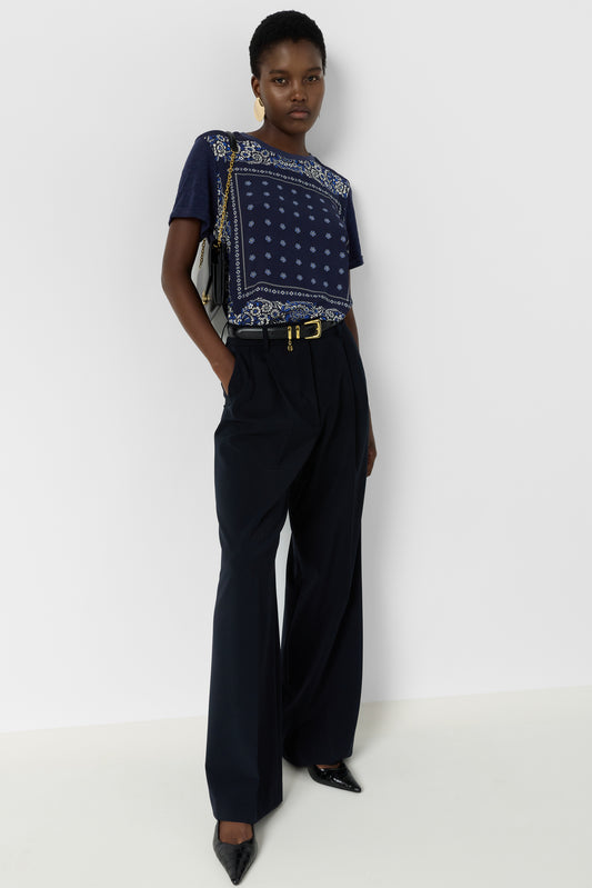 Women's T-Shirt Lightweight Fluid Front Print Jersey Knit - Navy