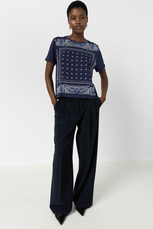 Women's T-Shirt Lightweight Fluid Front Print Jersey Knit - Navy