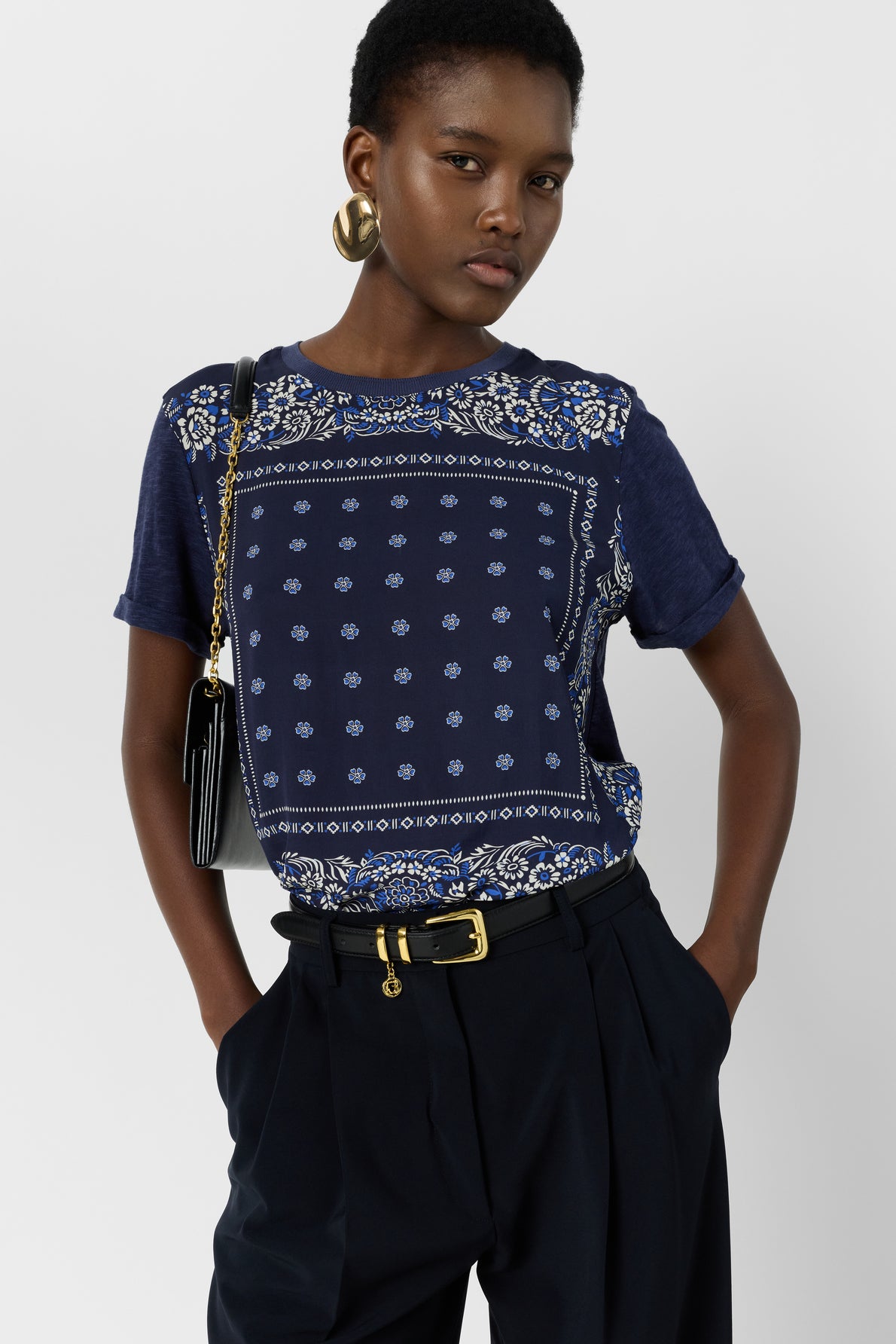 Women's T-Shirt Lightweight Fluid Front Print Jersey Knit - Navy