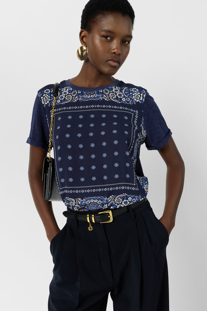 Women's T-Shirt Lightweight Fluid Front Print Jersey Knit - Navy
