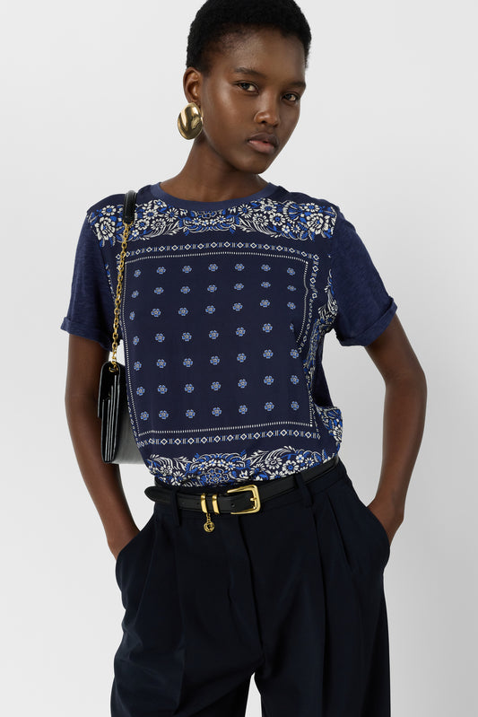 Women's T-Shirt Lightweight Fluid Front Print Jersey Knit - Navy