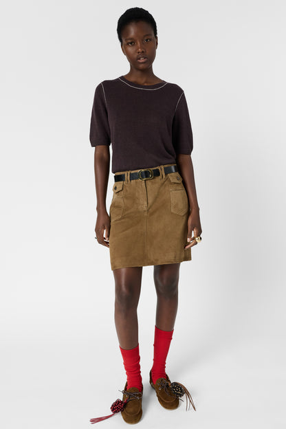 Women's Round-Neck Short-Sleeve Pullover Linen Blend - Brown