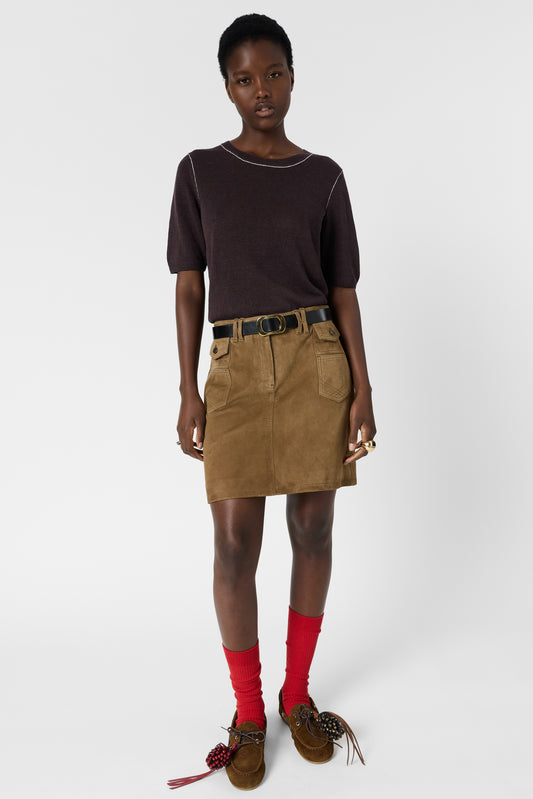 Women's Round-Neck Short-Sleeve Pullover Linen Blend - Brown