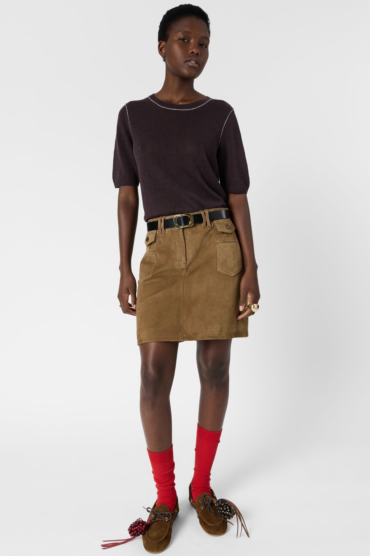 Women's Round-Neck Short-Sleeve Pullover Linen Blend - Brown