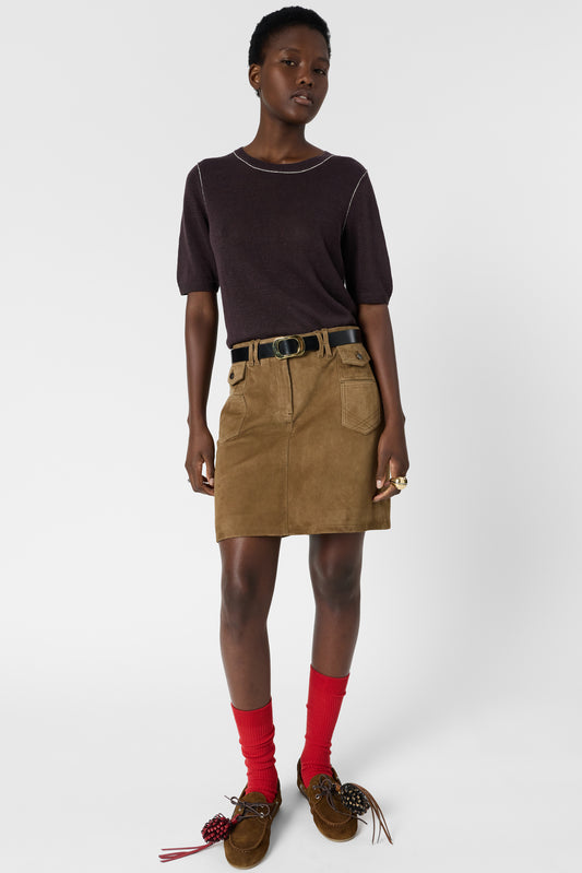 Women's Round-Neck Short-Sleeve Pullover Linen Blend - Brown