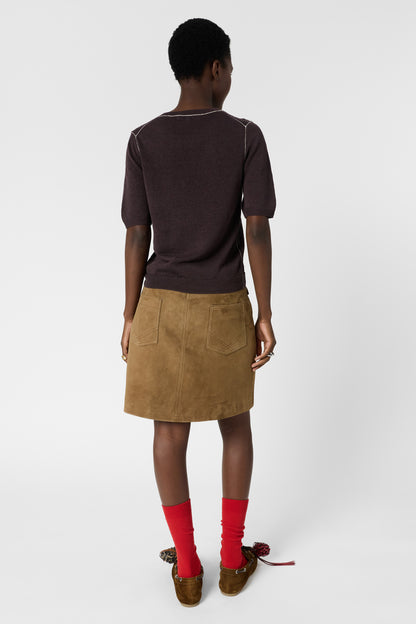 Women's Round-Neck Short-Sleeve Pullover Linen Blend - Brown