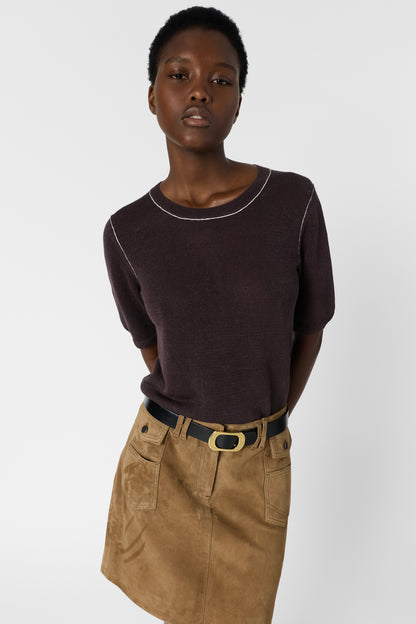 Women's Round-Neck Short-Sleeve Pullover Linen Blend - Brown