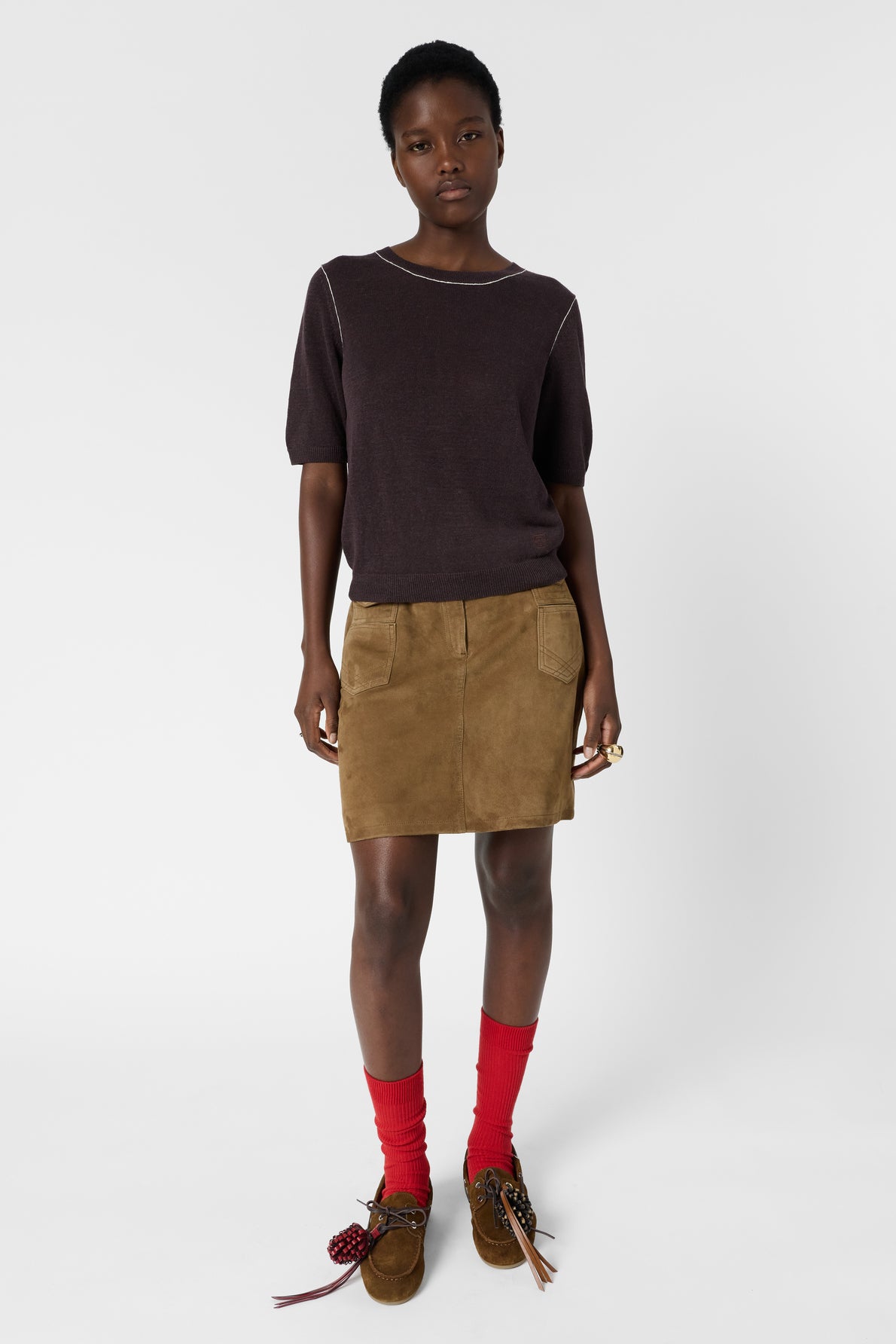 Women's Round-Neck Short-Sleeve Pullover Linen Blend - Brown