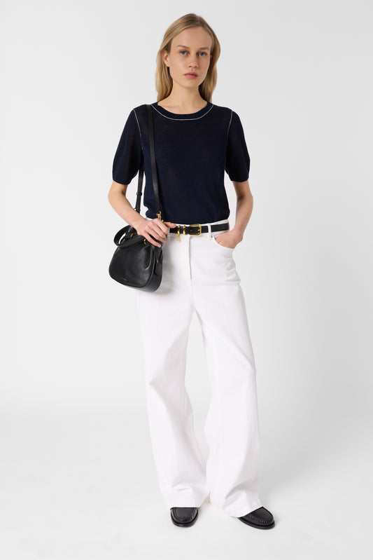 Women Knitted Pullover Vest Linen Blend Knit - Navy