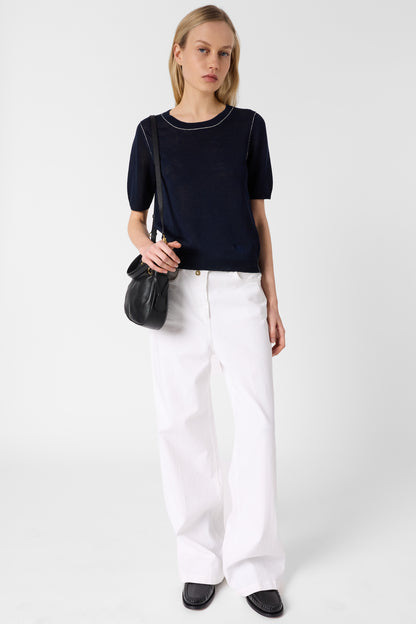 Women Knitted Pullover Vest Linen Blend Knit - Navy