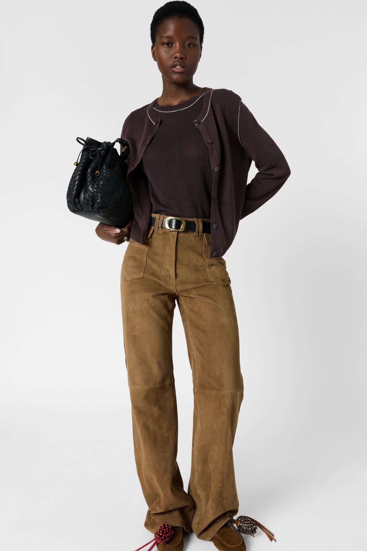 Women's Buttoned Cardigan Linen Blend Knit - Brown