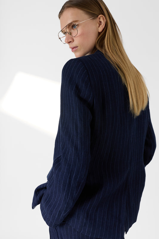 Women's Casual Jacket Mid Length Relaxed Fit Linen - Navy