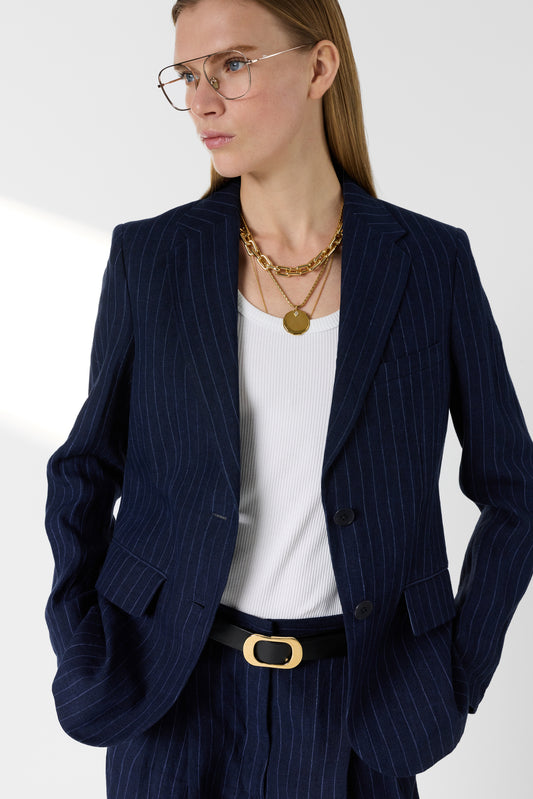 Women's Casual Jacket Mid Length Relaxed Fit Linen - Navy