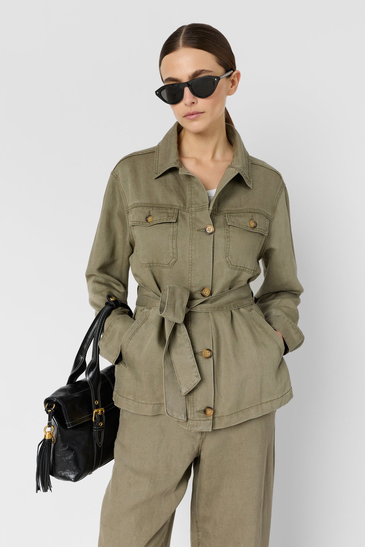 Women Safari Jacket Lyocell-Linen Blend - Khaki-Green